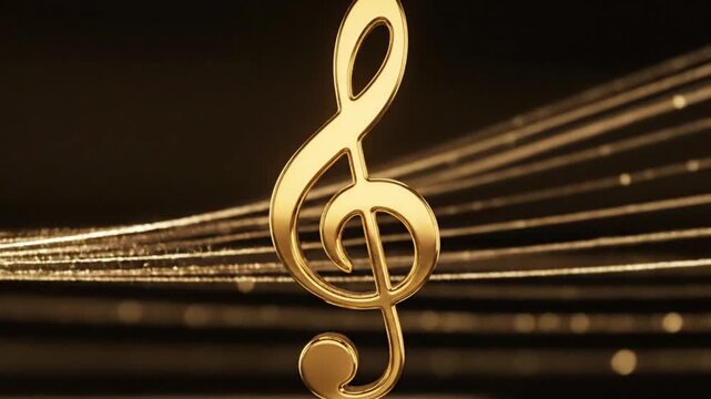 A polished golden treble clef positioned in front of shimmering horizontal lines against a dark blurred background