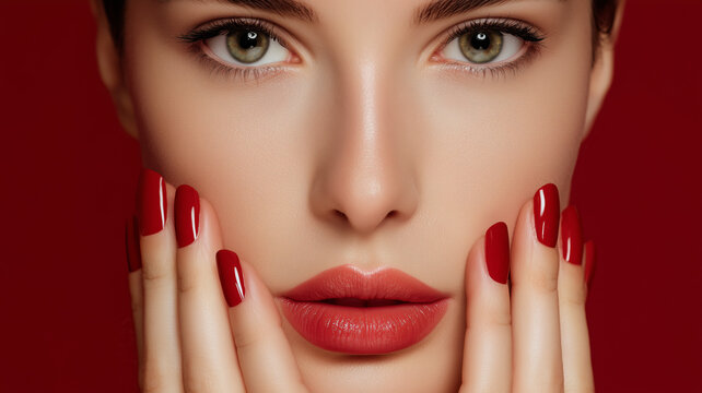 Young woman showing red manicure nails