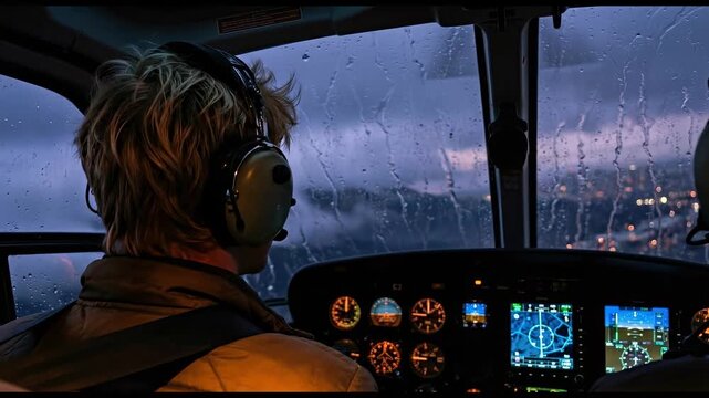 Over the shoulder view of a pilot flying a helicopter through a rainy evening sky, featuring a glowing cockpit instrument panel and city lights blurred in the distance at dusk.