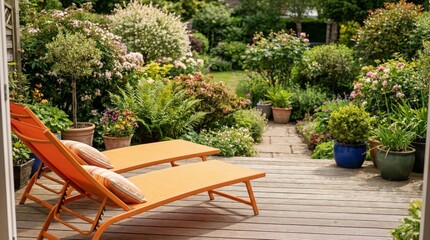 Spacious backyard garden featuring a wooden deck with two orange lounge chairs, surrounded by lush potted plants and blooming shrubs, inviting peaceful summer relaxation outdoors