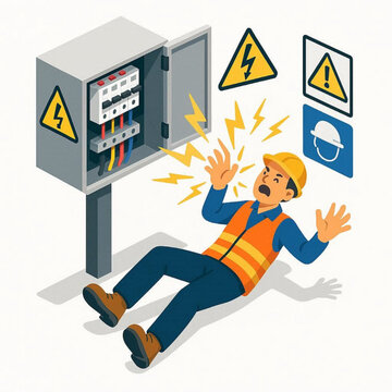 Electric Shock Accident at Electrical Panel, Workplace Safety Hazard Illustration