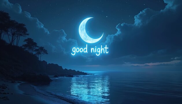 Crescent moon shines over calm ocean at night. Clouds drift in blue sky above quiet sea water. Text says good night. Serene landscape reflects moonlight.