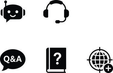 Support Icon Collection: A set of six unique, flat, and monochrome icons representing support services, ideal for use in digital interfaces. 