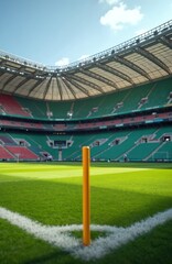 Vast green football stadium interior with red and green seats, clean grass field and roof structure. Corner flag on soccer pitch under bright daylight.