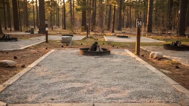 Medium shot of a forest campground tent site featuring marked pads fire rings and posts with pine trees softly blurred in the background for natural camping vibes.