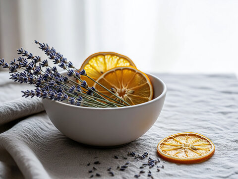 Ultra-realistic premium sensory still life of a ceramic bowl filled with dried lavender sprigs and citrus slices on greige linen, peaceful aromatic slow living mood, natural daylight, copy space avail