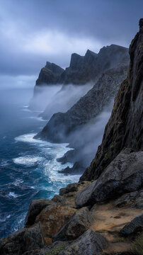 AI generator images of  sea waves were quite strong, crashing against the sharp rocks and crashing violently and intensely at all times, signifying a period of turbulent sea.