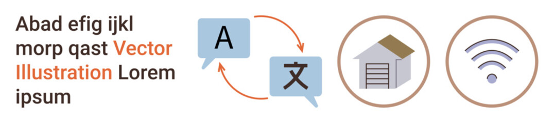 Language learning, global communication, smart home systems, IoT, technology networking, connectivity solutions. Speech bubbles with translation arrows, house icon and wireless symbol. Language