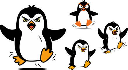 Obraz premium Four cartoon angry penguins expressing various levels of frustration and negative emotion within a simple graphic design context