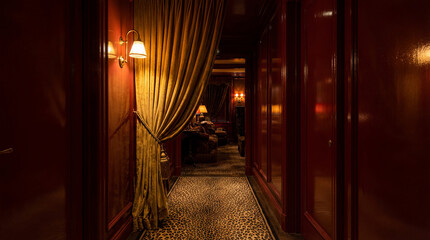 An elegant, dimly lit hallway with rich red walls and a heavy gold curtain, evoking a sense of mystery and luxury. Speakeasy or hotel interior.