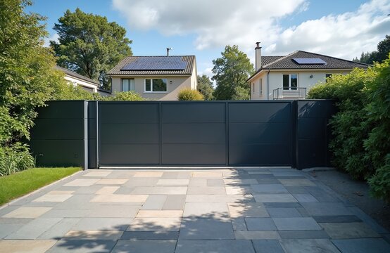 Modern anthracite sliding gate and panel fence protect private property. Slab driveway leads to garage entrance. Houses with solar panels are visible behind green hedges.