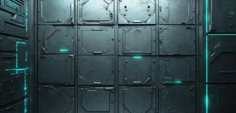 Futuristic metallic panels form a textured wall surface. Glowing neon blue lines create a circuit pattern. Industrial abstract background design for sci-fi concepts.