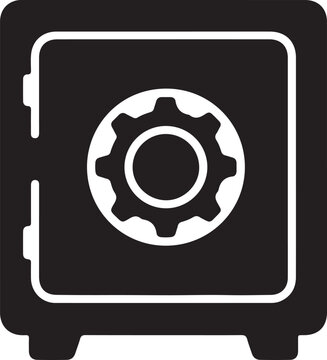 Black and White Vector Safe Icon with Gear Lock &ndash; Security, Protection, Banking, Finance, Vault Symbol Illustration