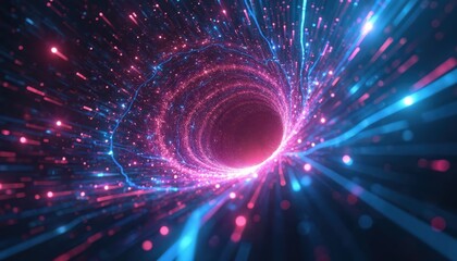 Fototapeta premium Abstract tunnel of bright pink and blue light particles. Digital data streams create vortex effect, moving fast through cyberspace. Technology concept, motion blur.