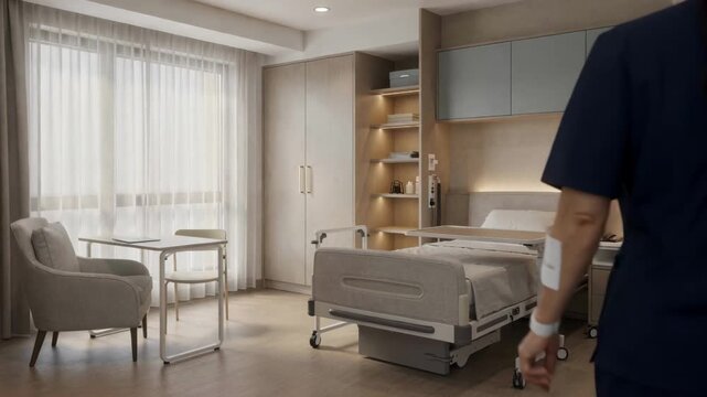 Medium shot of a modern modular studio suite with soft lighting showcasing adaptable furniture for personalized resident comfort and changing care needs.