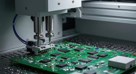 High precision machinery placing surface mount components onto a green printed circuit board during automated electronics manufacturing ,electronics ,engineering ,soldering