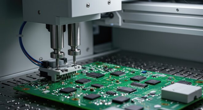 High precision machinery placing surface mount components onto a green printed circuit board during automated electronics manufacturing ,electronics ,engineering ,soldering