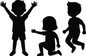 Vector illustration of black silhouettes showing three active kids playing, jumping, and kneeling isolated on white background representing happy childhood friendship and summer fun activities.