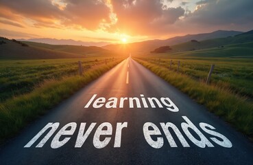 Road asphalt with words learning never ends leads towards sunset in rural landscape. Green fields hills stretch to horizon. Concept of life journey study growth.