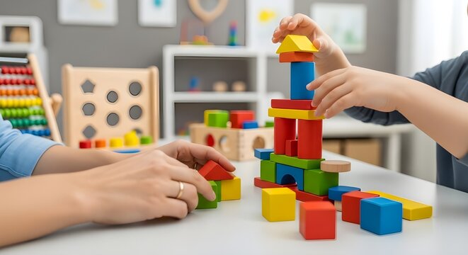 A child and an adult playing together with colorful building blocks at a table in a bright room.