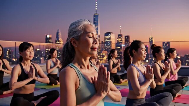 Young woman silhouette practicing yoga and meditating in lotus position on a rooftop at sunset