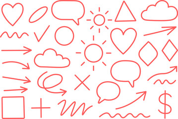 Hand drawn red doodle icons set with arrows speech bubbles hearts and abstract shapes