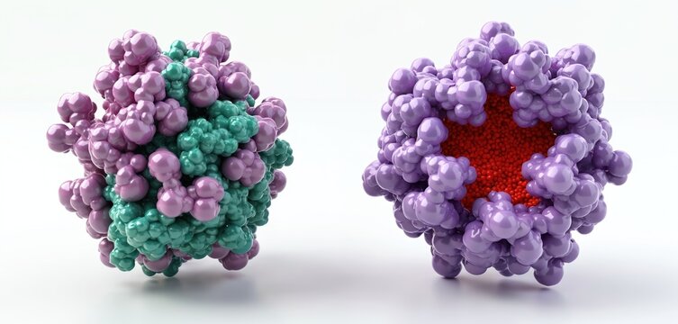 3D illustration shows complex molecular structure of human P450 3A4 enzyme. One model shows teal, purple segments. Other model displays purple outer shell with red core. Science, research concept.