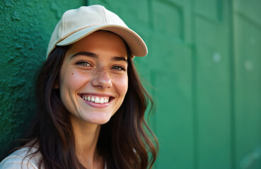 Fototapeta premium Young woman with long brown hair and freckles wears a light baseball cap. She smiles broadly against a green textured wall, looking happy and confident. Casual style outdoor portrait.