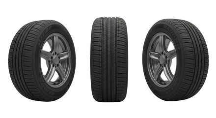 Obraz premium Three car tires showing treads and rims in detail isolated on transparent background