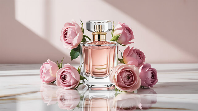 Pink roses surround a clear glass perfume bottle with rose gold accents floral fragrance