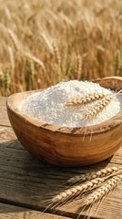 Fototapeta premium Flour filling a rustic wooden bowl, with golden wheat ears resting on top of the flour and on a weathered wooden table, set against a blurred wheat field background