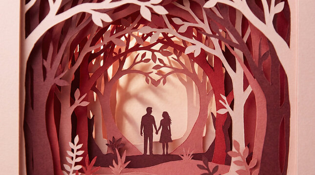 Intricate 3D paper cut light box art featuring silhouette of couple in romantic forest