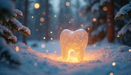 Naklejka premium Glowing tooth on snowy forest floor. Winter dental health concept. Sparkling clean tooth glows warm light among pine trees and snow. Oral hygiene and care magic.