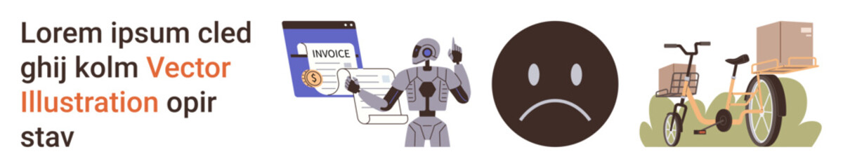 Fototapeta premium Automation, artificial intelligence, e-commerce, invoice processing, delivery services, logistics solutions. Robot with invoices, unhappy face and bicycle with boxes. Automation and logistics
