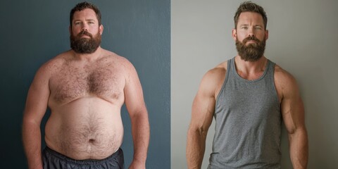 Overweight man transforming physically into muscular bodybuilder
