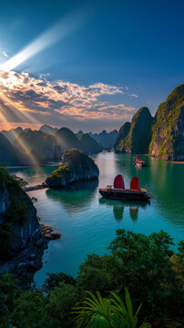 AI generator images of Traditional sailing ships are popular with tourists for cruising along the bay and admiring the majestic limestone islands towering in the sea.