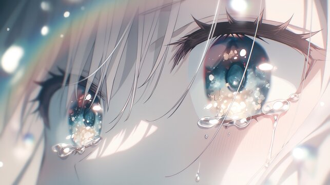 White haired anime girl white crying eye with tears running down the face close-u