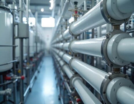 Industrial water purification plant with rows of reverse osmosis membrane filter tubes and tanks. Clean liquid processing machinery inside factory. Modern fluid treatment equipment.