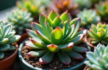 Fototapeta premium Close-up of green succulent plants with red tips in pots. Plants grow in soil under bright sunlight on a sunny summer day. Other plants blur in background.