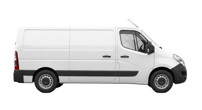 White commercial cargo van side view for delivery and transport isolated on transparent background