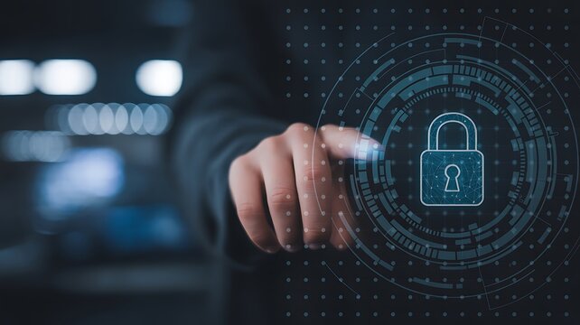 Digital Cybersecurity: Hand Touching Virtual Padlock for Data Protection