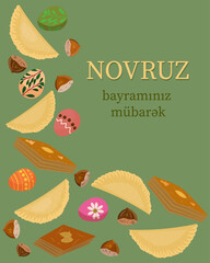 Obraz premium Festive vector illustration for Novruz Holiday. Green background featuring traditional Azerbaijani sweets: shekerbura and pakhlava, decorated eggs, and hazelnuts. Text 