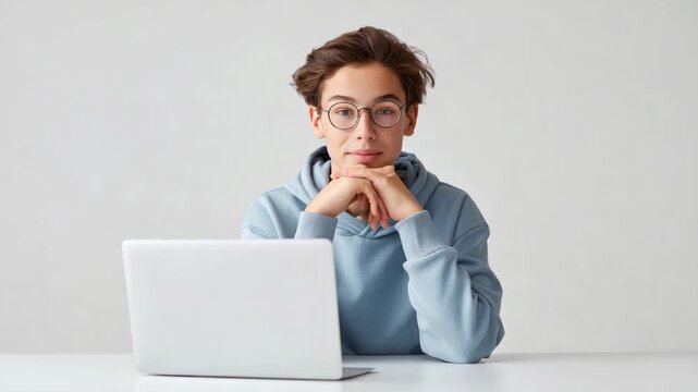 Confident young student or digital nomad sits at white table with laptop, hands clasped under chin, looking directly at viewer, isolated on white background