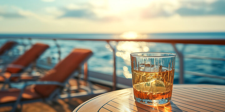 Glass of whiskey with ice on a cruise ship deck at sunset, overlooking the ocean with lounge chairs and warm light, evoking luxury travel and relaxation