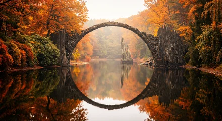Tableau sur plexiglas Le Rakotzbrücke Łukowy kamienny most odbijający się w wodzie w jesiennym parku  © captain_pabloo