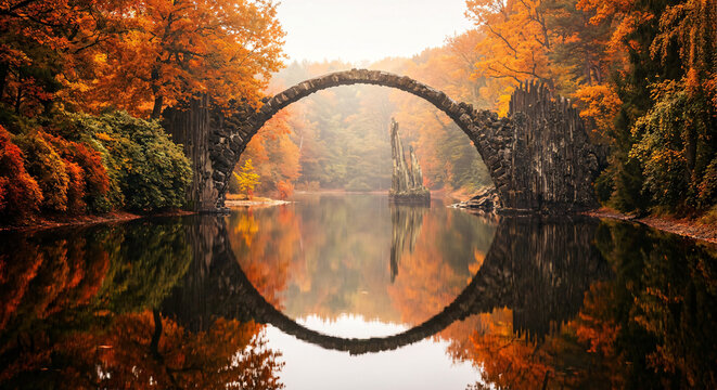 Łukowy kamienny most odbijający się w wodzie w jesiennym parku