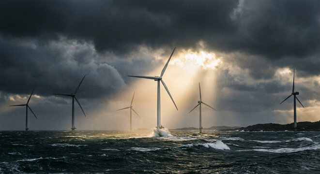 Morska farma wiatrowa podczas burzowej pogody i wzburzonego morza