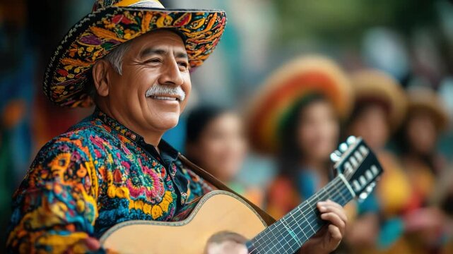 Mariachi musician in a Mexican hat playing guitar at Cinco de Mayo festival. Folklorico dancers in traditional costumes celebrating on the streets of Mexico. Festive atmosphere, music, and culture.