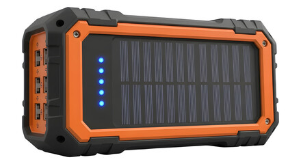 Portable solar panel power bank with orange accents png