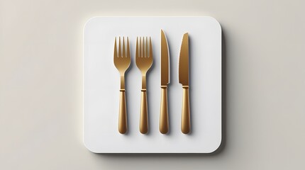 Simple smooth-lined fork and knife icon in a matte gold finish, presented on a white card